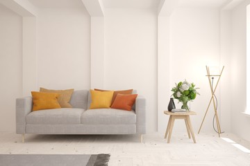 White living room with sofa. Scandinavian interior design. 3D illustration