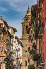 Curi street in Pamplona navarra Spain, street with colorful houses that end at the cathedral, you...