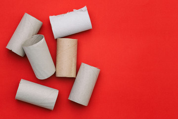 Cardboard tubes from toilet paper. Remains of toilet paper on a red background. Top view, copy space.