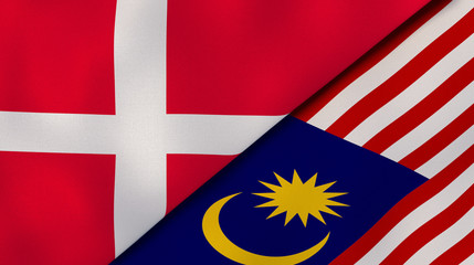 The flags of Denmark and Malaysia. News, reportage, business background. 3d illustration