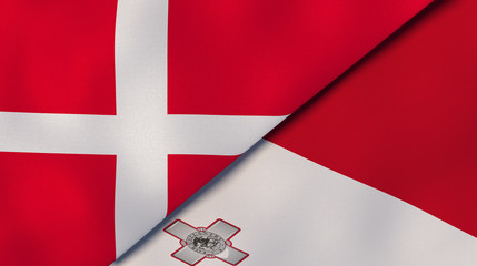 The flags of Denmark and Malta. News, reportage, business background. 3d illustration