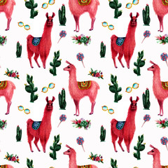 Watercolor llamas seamless pattern