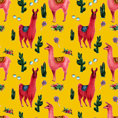Watercolor llamas seamless pattern
