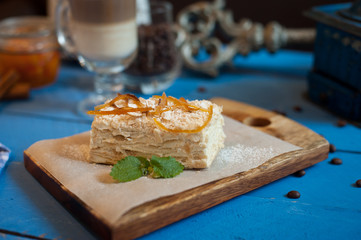 cake on a blue wooden background 