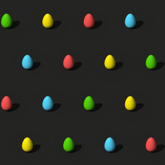 Colored eggs on the black background for Easter. Seamless pattern. 3d illustration