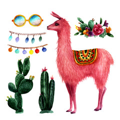 Pink llama in watercolor