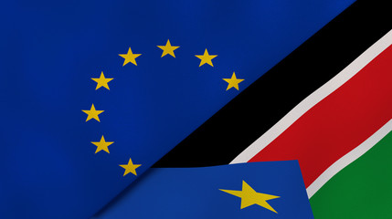 The flags of European Union and South Sudan. News, reportage, business background. 3d illustration