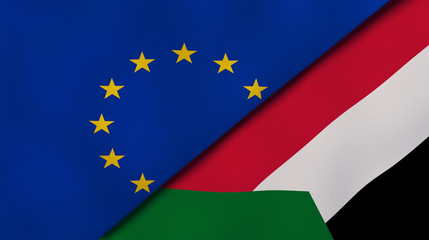 The flags of European Union and Sudan. News, reportage, business background. 3d illustration