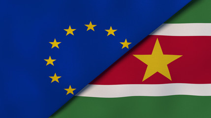 The flags of European Union and Suriname. News, reportage, business background. 3d illustration