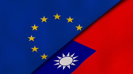 The flags of European Union and Taiwan. News, reportage, business background. 3d illustration