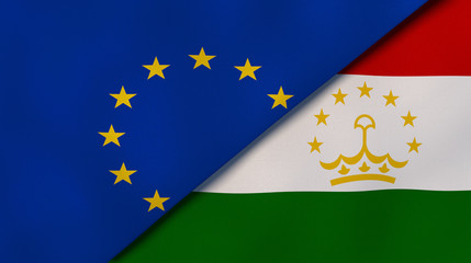 The flags of European Union and Tajikistan. News, reportage, business background. 3d illustration
