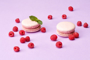 macaroon cookies with raspberries on a purple background