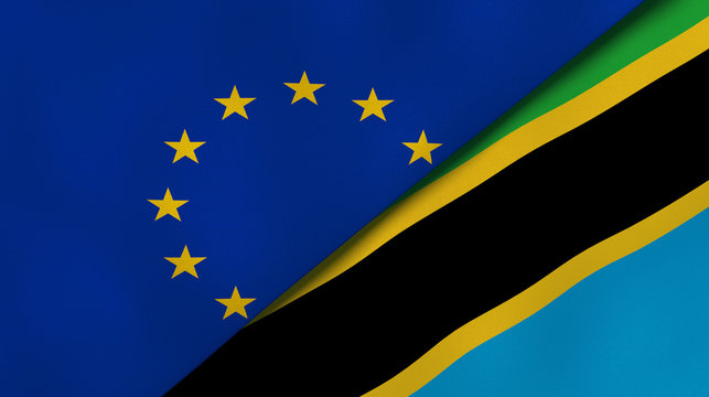 The flags of European Union and Tanzania. News, reportage, business background. 3d illustration