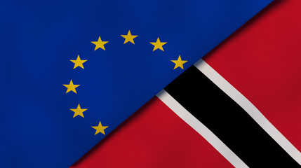 The flags of European Union and Trinidad and Tobago. News, reportage, business background. 3d illustration