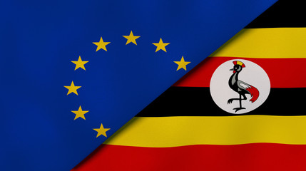 The flags of European Union and Uganda. News, reportage, business background. 3d illustration