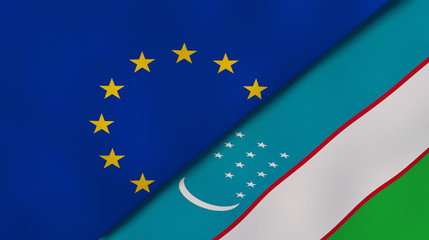 The flags of European Union and Uzbekistan. News, reportage, business background. 3d illustration