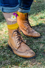 boots pink flower adhesive tape spring shoes yellow legs jeans man