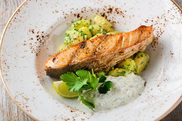 Grilled Salmon with Gnocchi and tartare sauce