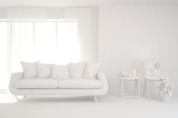 White minimalist living room with sofa. Scandinavian interior design. 3D illustration