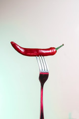 Red chili pepper is impaled on a fork. sharp fork and hot pepper.