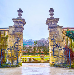 The old gates between gardens in Mirabell Gardens complex, Salzburg, Austria © efesenko