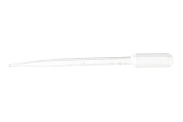 One plastic dropper . Plastic laboratory pipette isolated on white.