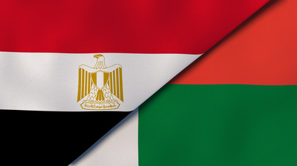 The flags of Egypt and Madagascar. News, reportage, business background. 3d illustration