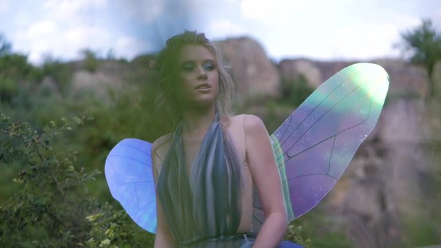 Portrait of young girl in a blue fairy dress with transparent butterfly wings. Cute girl with long blond hair in the spring forest. Image of a fairy tale character from elven tales