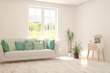 White living room with sofa. Scandinavian interior design. 3D illustration