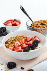 Homemade granola with bowl of Greek yogurt and fresh berries for breakfast.