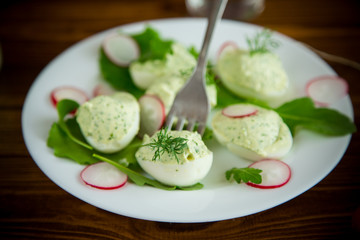 boiled stuffed eggs with green cheese filling with arugula leaves and radish