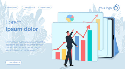A man in a business suit studies a growing up chart of profits on a large tablet. Vector illustration showing remote work and distance earnings