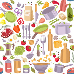 Food and utensils. Cooking flat hand drawn seamless pattern.