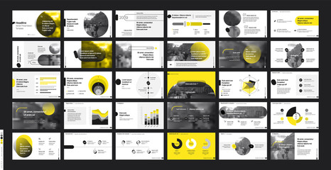 Presentation template, Yellow and black infographic elements on white background. Vector slide template for business project presentations and marketing. - obrazy, fototapety, plakaty