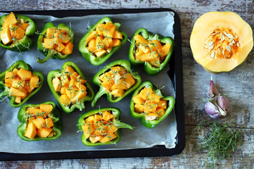 Green peppers stuffed with pumpkin. Vegan food. Healthly food. Cooking healthy food at home.