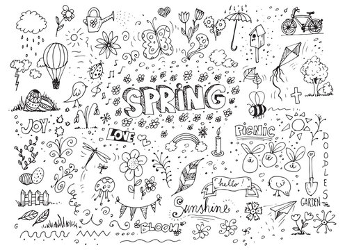 Vector sketchy line art doodle cartoon spring set