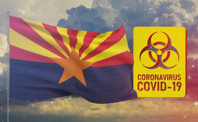 COVID-19 Visual concept - Coronavirus COVID-19 biohazard sign with flags of the states of USA. State of Arizona flag. Pandemic stop Novel Coronavirus outbreak covid-19 3D illustration.