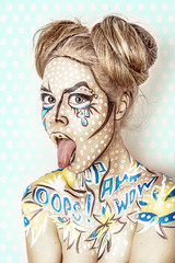 Bright pop art portrait of a fashionable stylish girl on colorful background. Halloween makeup
