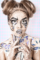 Bright pop art portrait of a fashionable stylish girl on colorful background. Halloween makeup