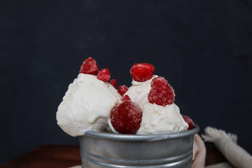 Vanilla ice cream with raspberry and strawberries