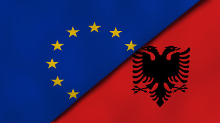 The flags of European Union and Albania. News, reportage, business background. 3d illustration