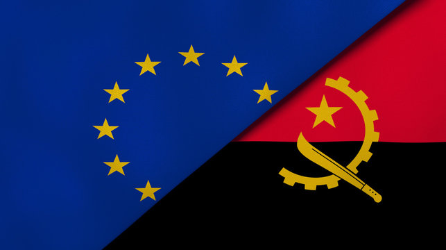 The flags of European Union and Angola. News, reportage, business background. 3d illustration