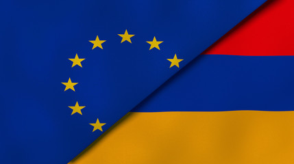 The flags of European Union and Armenia. News, reportage, business background. 3d illustration