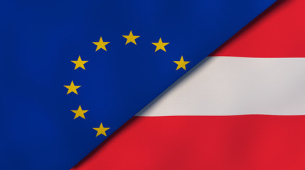 The flags of European Union and Austria. News, reportage, business background. 3d illustration