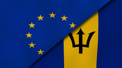 The flags of European Union and Barbados. News, reportage, business background. 3d illustration