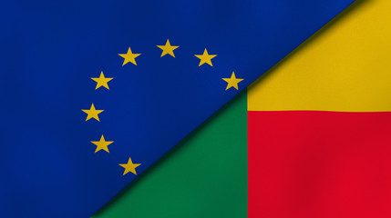 The flags of European Union and Benin. News, reportage, business background. 3d illustration
