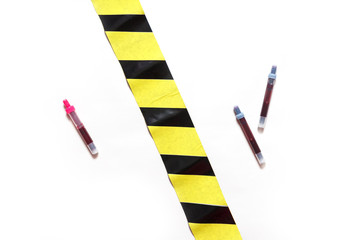 Coronavirus. Blood test tubes for a virus test in the hands of a diagnostician doctor in blue medical gloves on a white background. Diagnosis concept covid19