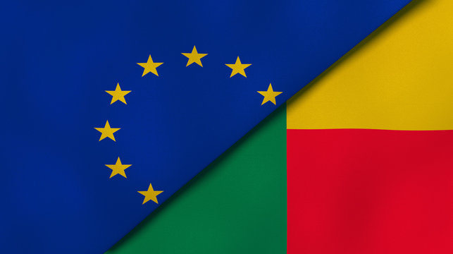 The flags of European Union and Benin. News, reportage, business background. 3d illustration