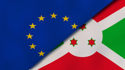 The flags of European Union and Burundi. News, reportage, business background. 3d illustration