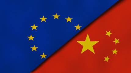 The flags of European Union and China. News, reportage, business background. 3d illustration